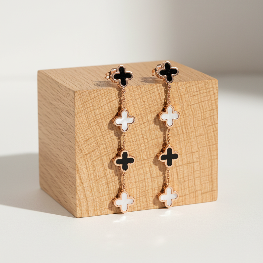 Black & White Clover Dangle Earrings – Gold-Tone | Anti-Tarnish