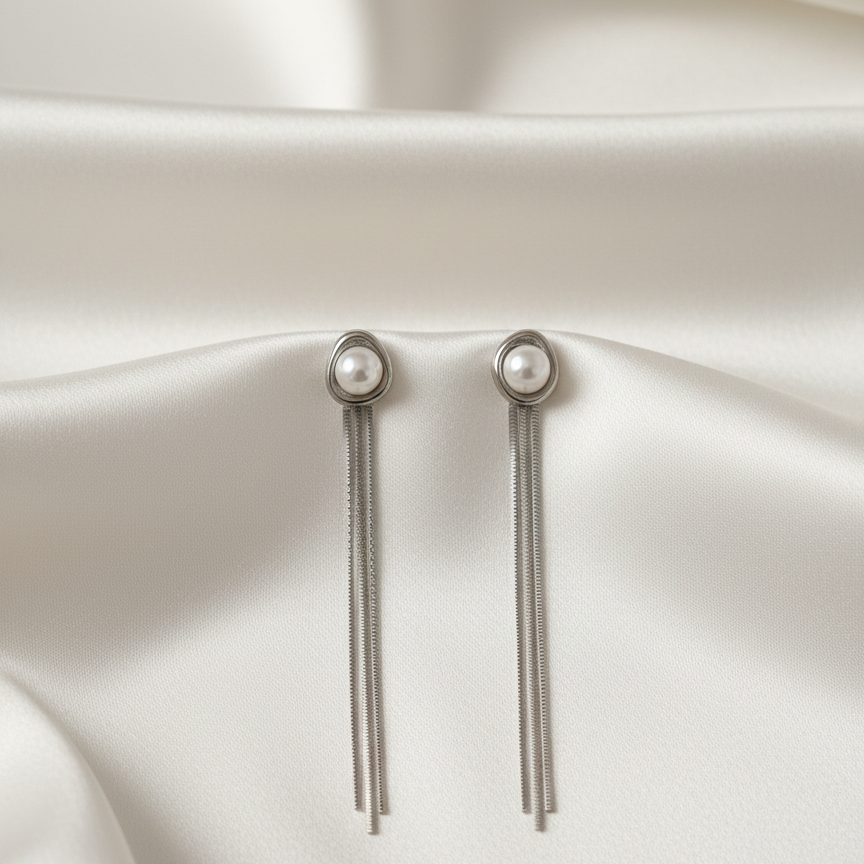 Silver Chain Waterfall Earrings – Pearl Stud | Anti-Tarnish