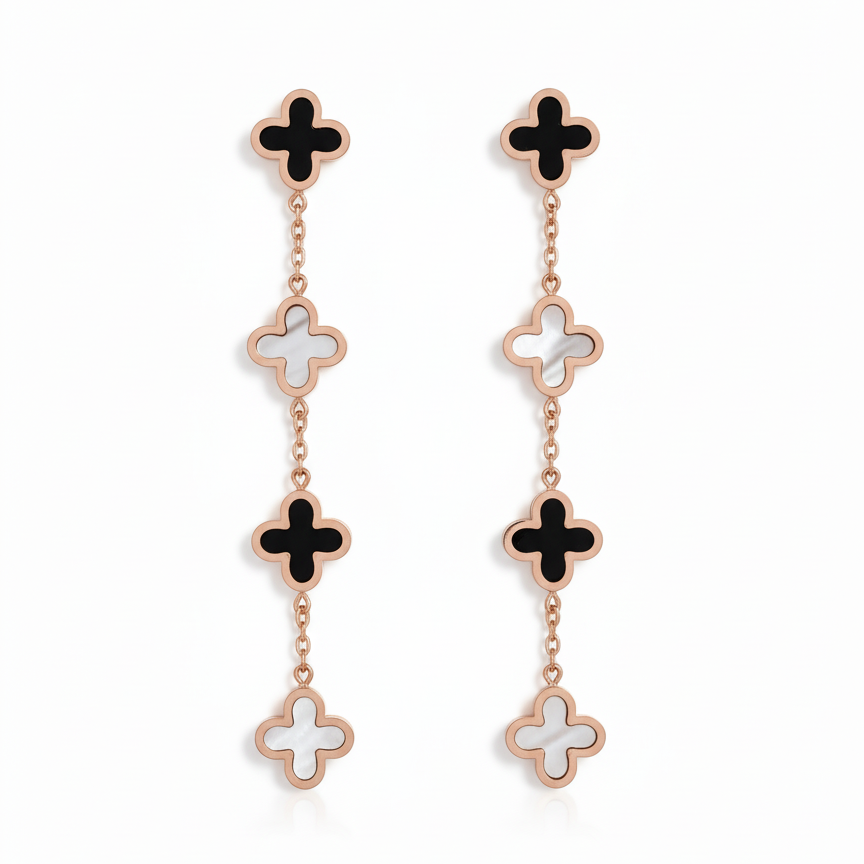 Black & White Clover Dangle Earrings – Gold-Tone | Anti-Tarnish