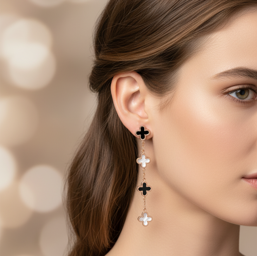 Black & White Clover Dangle Earrings – Gold-Tone | Anti-Tarnish