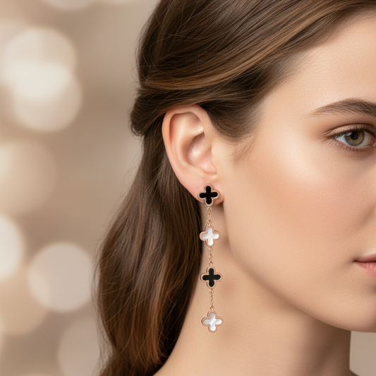 Black & White Clover Dangle Earrings – Gold-Tone | Anti-Tarnish