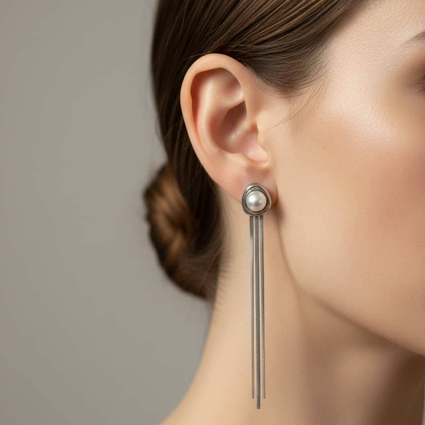 Silver Chain Waterfall Earrings – Pearl Stud | Anti-Tarnish